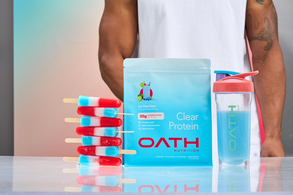 OATH NUTRITION estilo de vida junto a piscina ilustrando consumo refrescante post-entreno