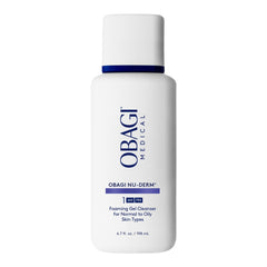 Obagi Nu-Derm gel frente del envase mostrando diseño y beneficio limpieza