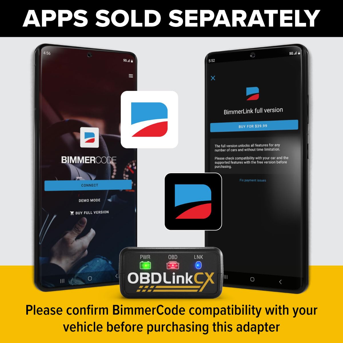 OBDLink CX mostrando app OBDLink en teléfono con datos en tiempo real