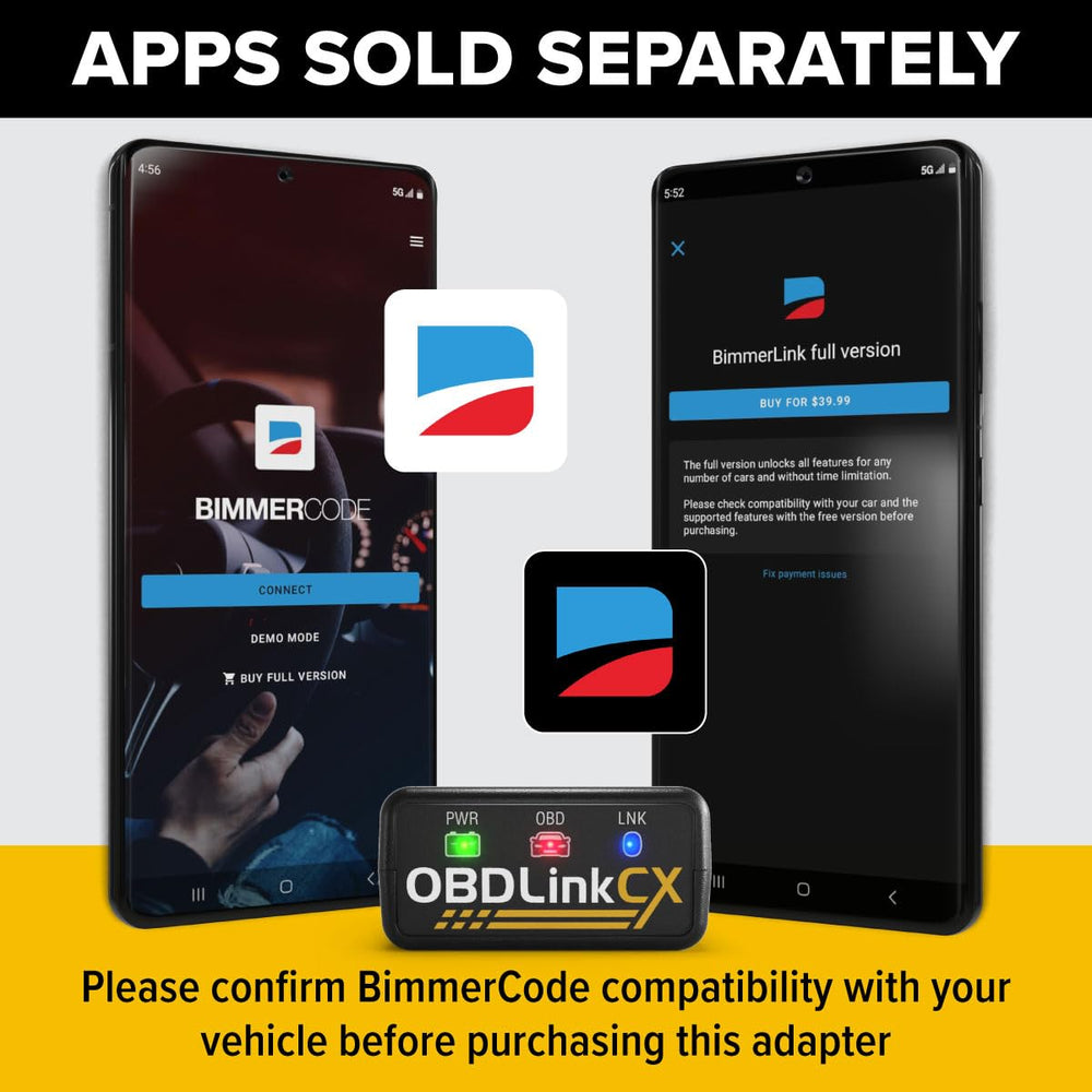 OBDLink CX mostrando app OBDLink en teléfono con datos en tiempo real