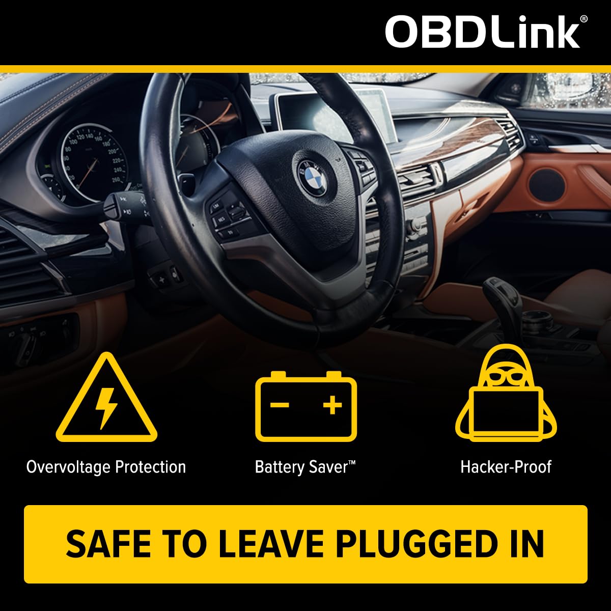 OBDLink CX caja y accesorios con instrucciones para instalación segura