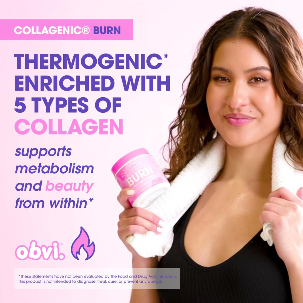 Obvi Collagenic Burn cápsulas en primer plano para toma fácil y portátil