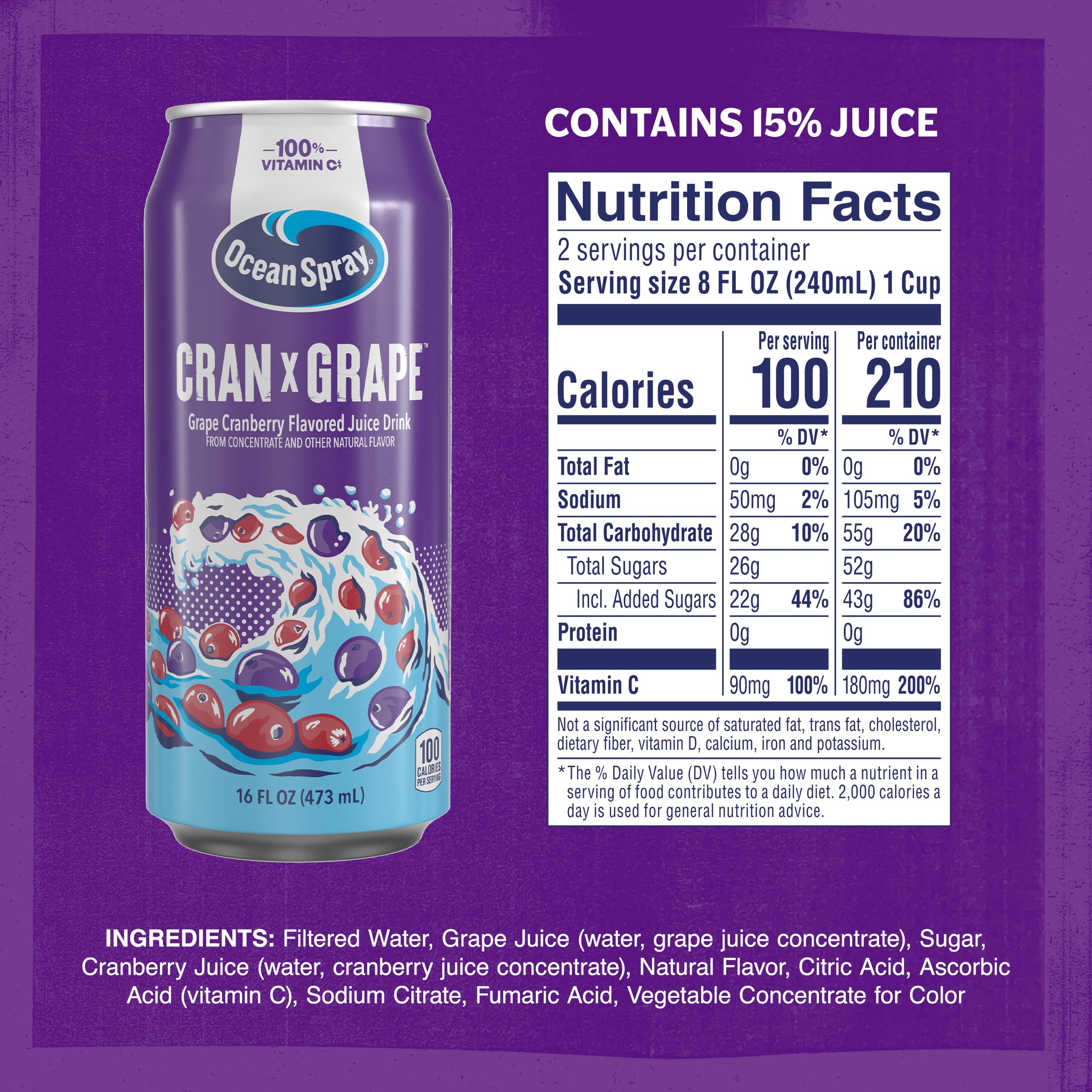 Ocean Spray lata ángulo detalle de diseño y texto, identificable y práctico