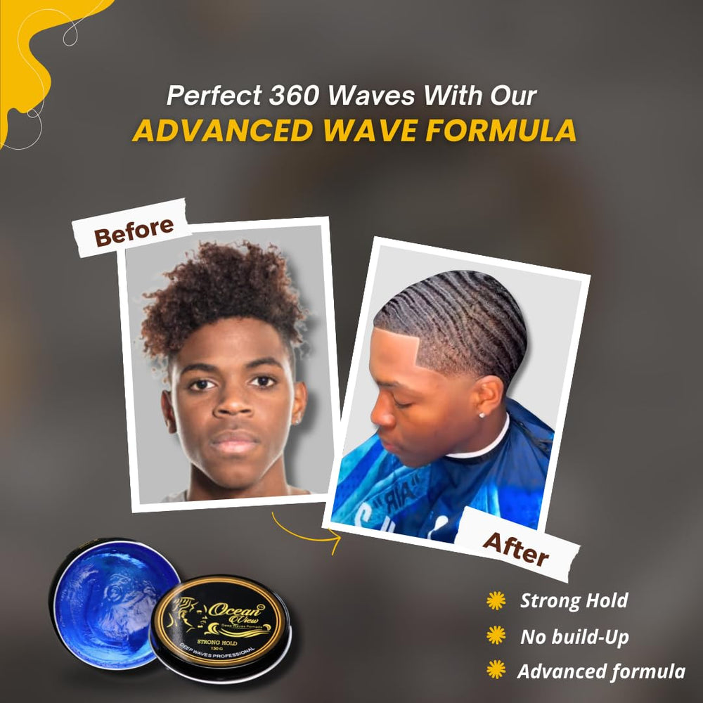 Escena en barbería con Ocean View Deep Waves y cliente en proceso de wolfing