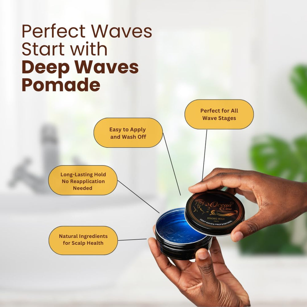 Pomada Ocean View Deep Waves abierta junto a un cepillo para rutina diaria
