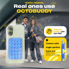 OCTOBUDDY adherido a espejo sosteniendo teléfono para selfie sin manos