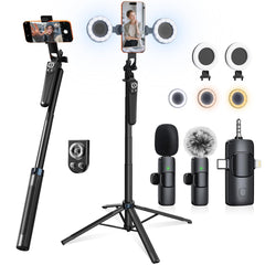 Ocwqp kit frontal mostrando trípode, micrófonos y luces para producción móvil