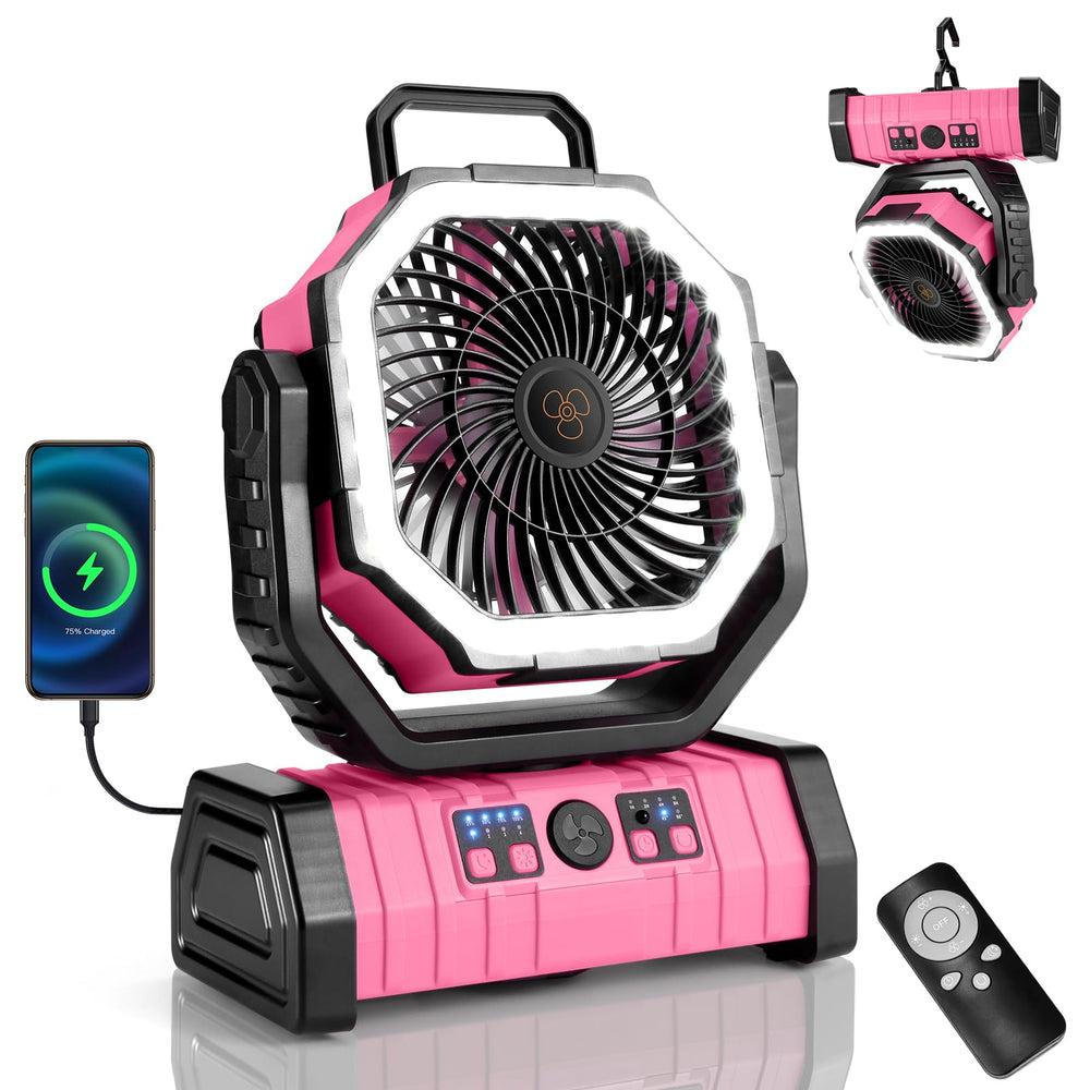 Odoland vista frontal del ventilador con linterna y controles, practicidad para camping