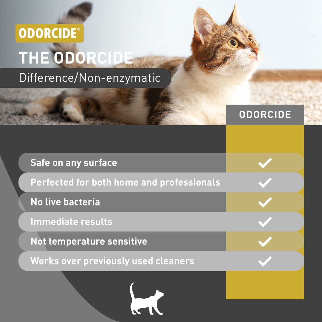 Botella Odorcide Cat Attack 16 oz junto a una regla para comparar tamaño práctico