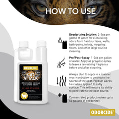 Detalle de la etiqueta Odorcide Cat Attack con instrucciones y beneficios visibles