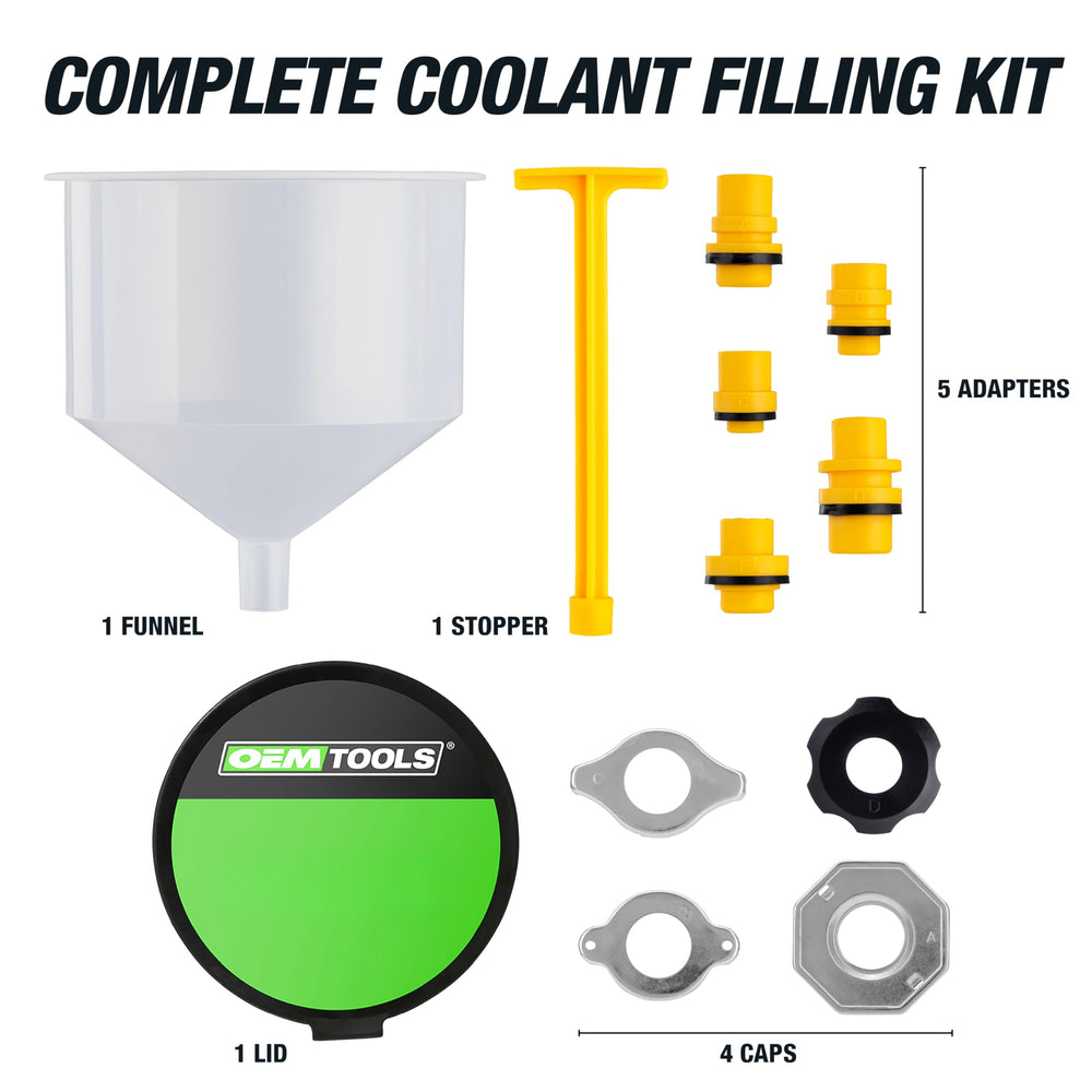OEMTOOLS funnel and adapters held in hand to show size and scale
