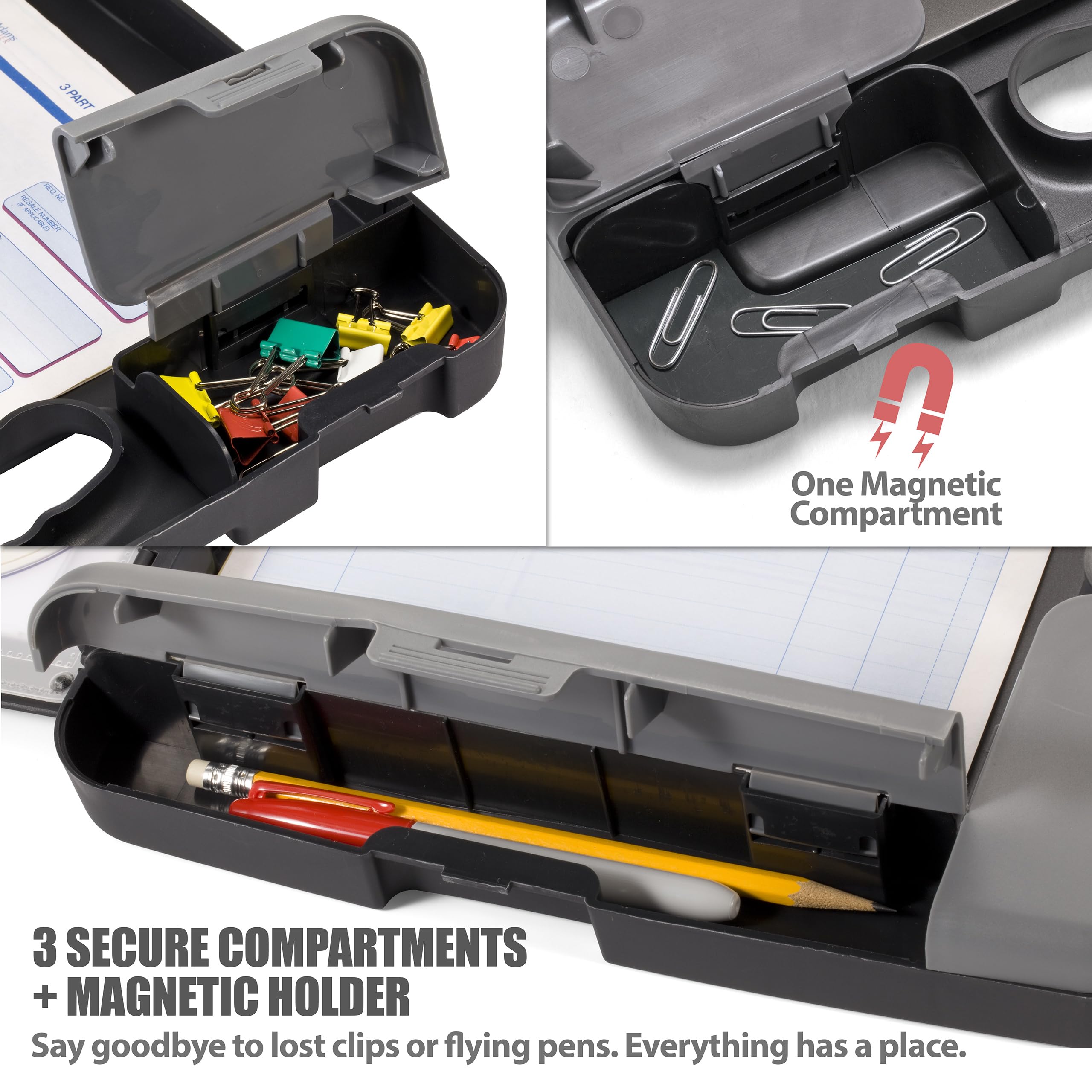 Officemate clipboard metal clip close-up demonstrating strong hold and slim profile for comfort