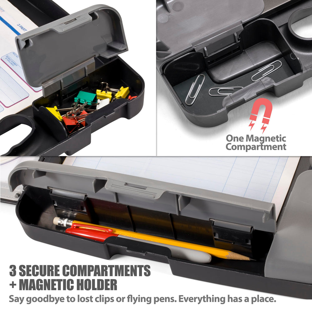 Officemate clipboard metal clip close-up demonstrating strong hold and slim profile for comfort