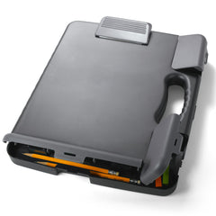 Officemate clipboard front view showing charcoal case and low-profile clip for secure transport