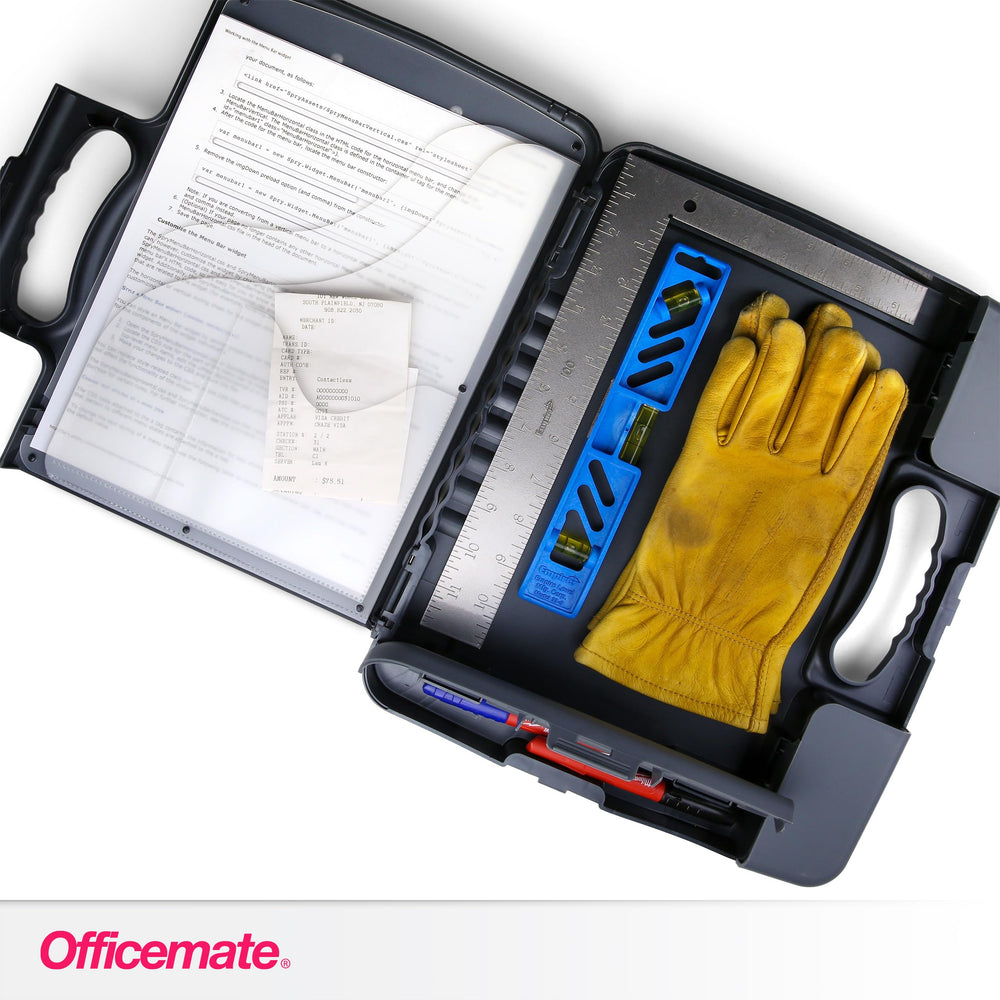 Officemate clipboard in use outdoors on job site providing stable writing surface and storage