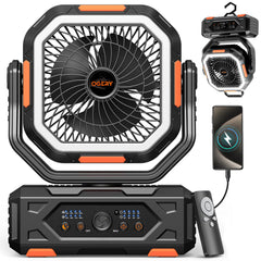 OGERY ventilador frontal mostrando diseño y controles, mejor flujo de aire
