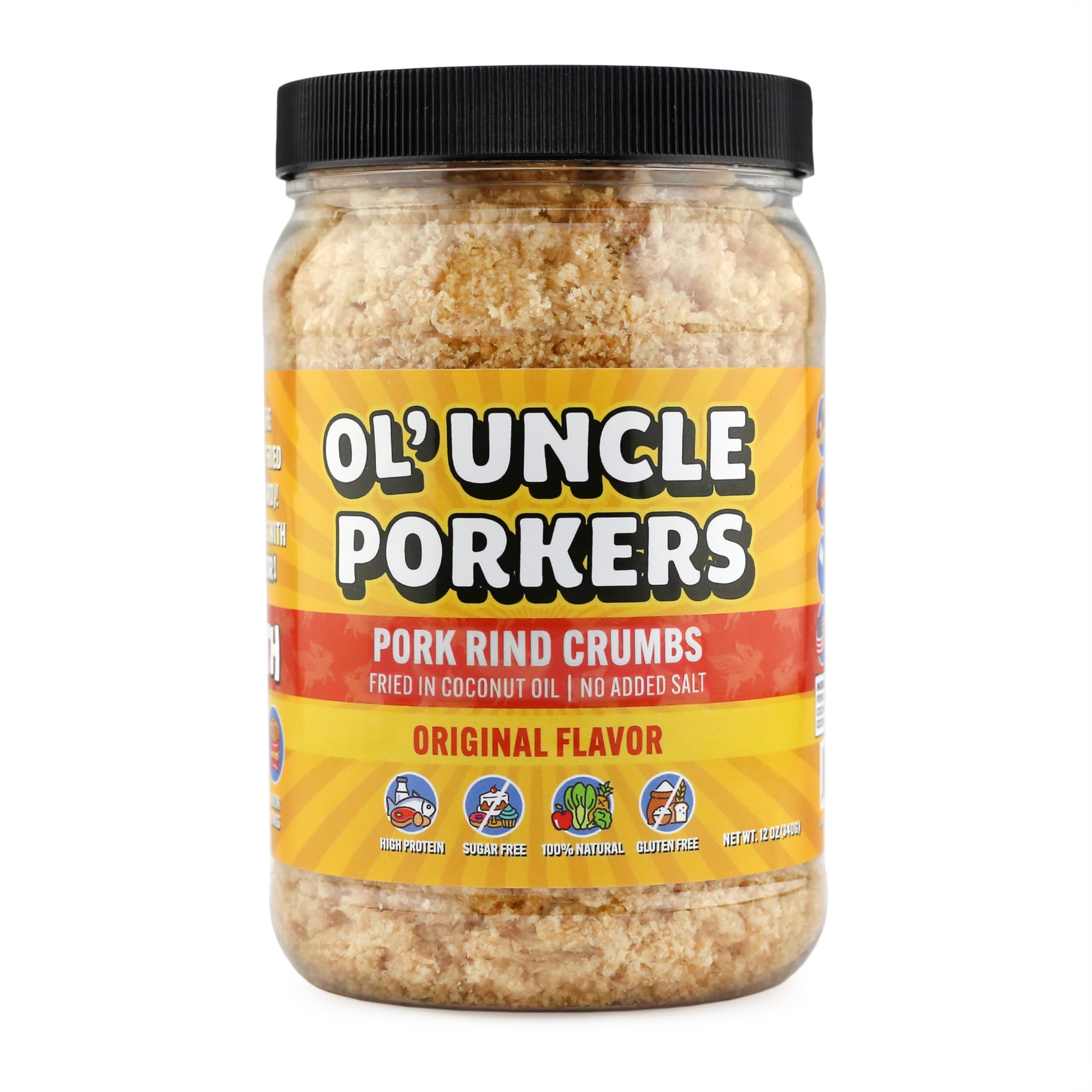 Ol' Uncle Porkers frasco 12 oz mostrando etiqueta y formato práctico
