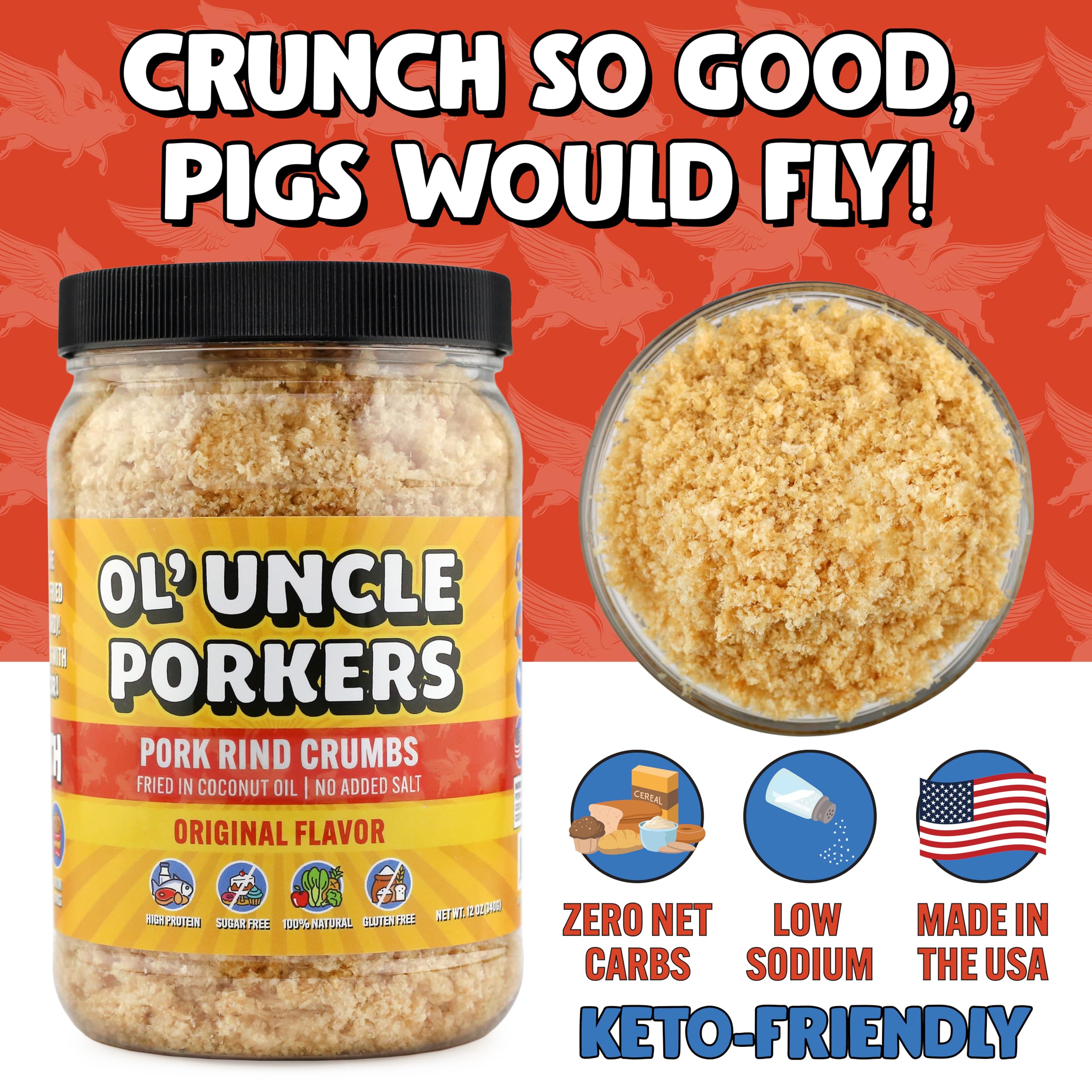 Ol' Uncle Porkers cobertura crujiente sobre pizza baja en carbohidratos