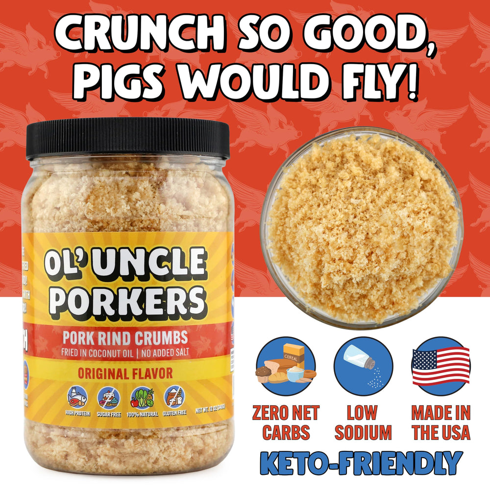 Ol' Uncle Porkers cobertura crujiente sobre pizza baja en carbohidratos