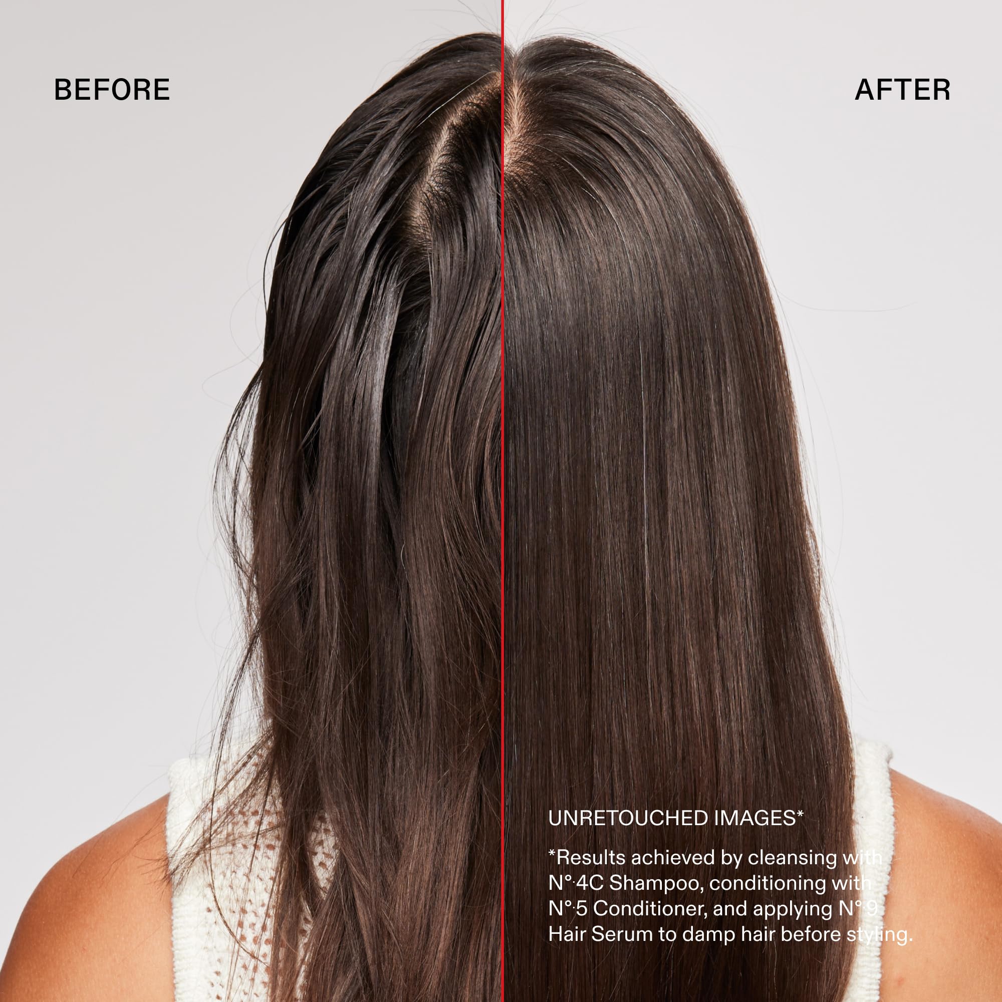 Resultado antes y después con Olaplex N°.4C mostrando más brillo y vibrancia