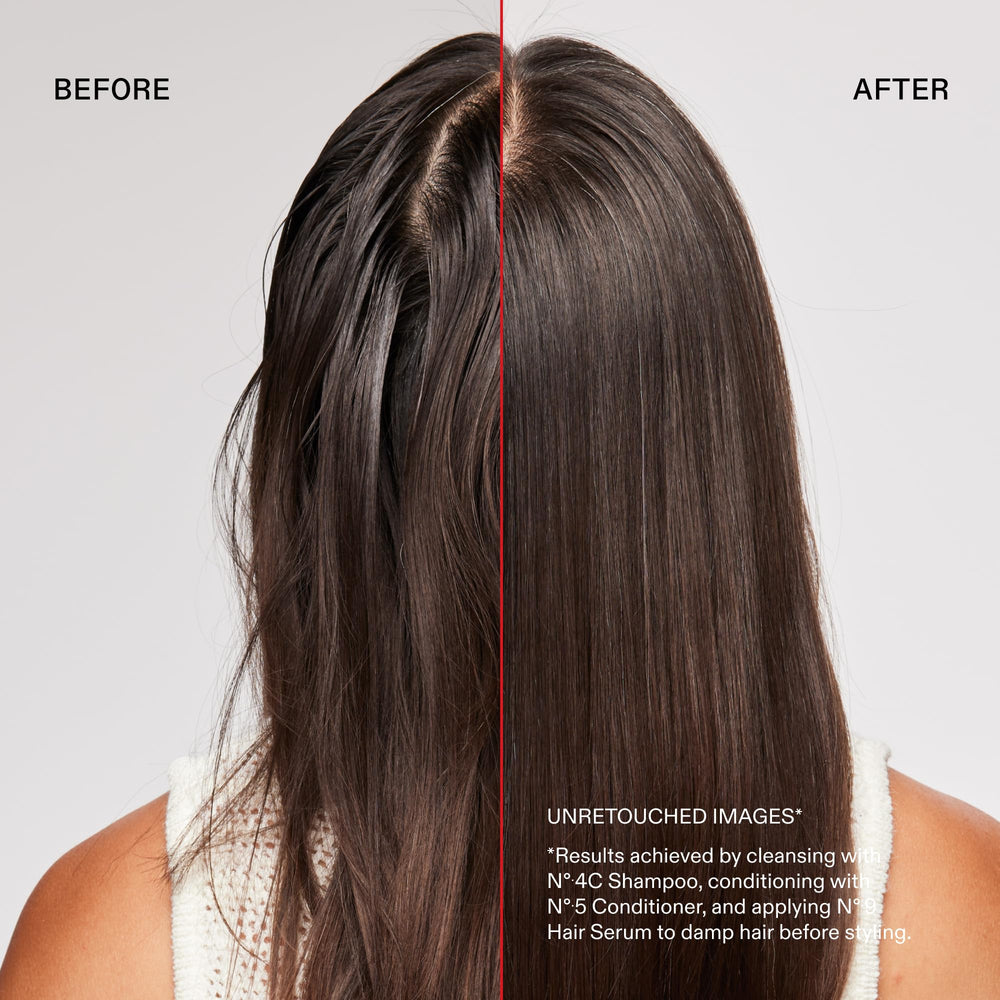 Resultado antes y después con Olaplex N°.4C mostrando más brillo y vibrancia