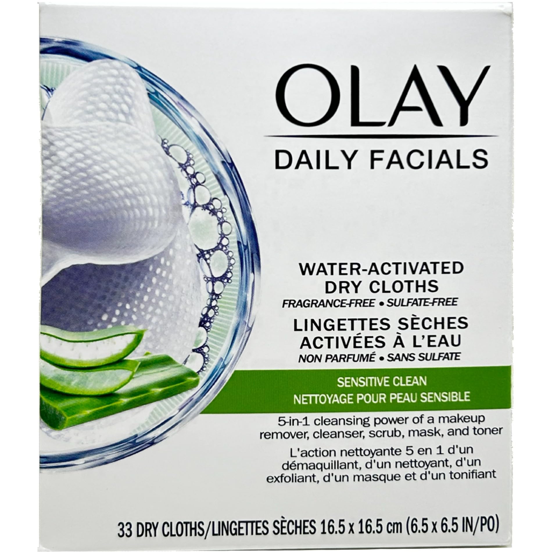 Olay etiqueta con ingredientes que resalta aloe y formulación suave