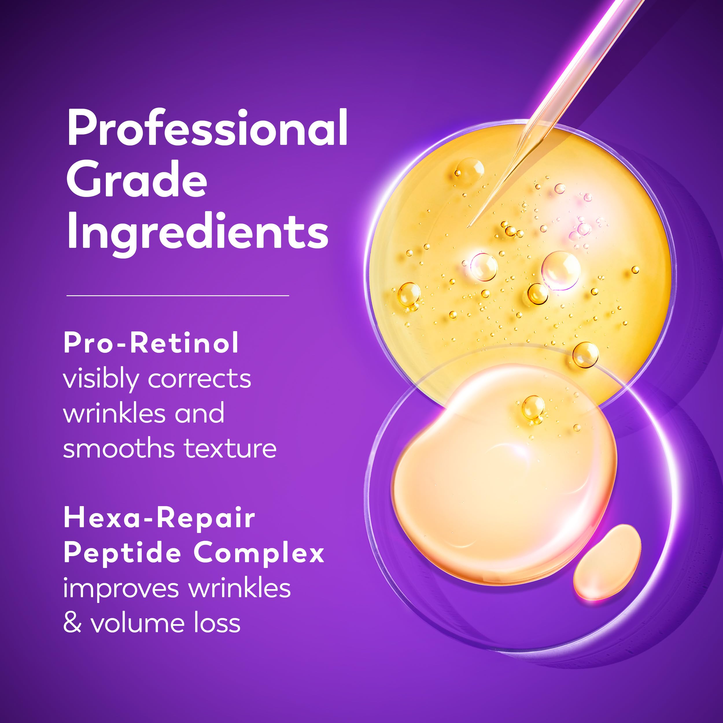 Olay etiqueta del producto destacando ingredientes clave y beneficio visible