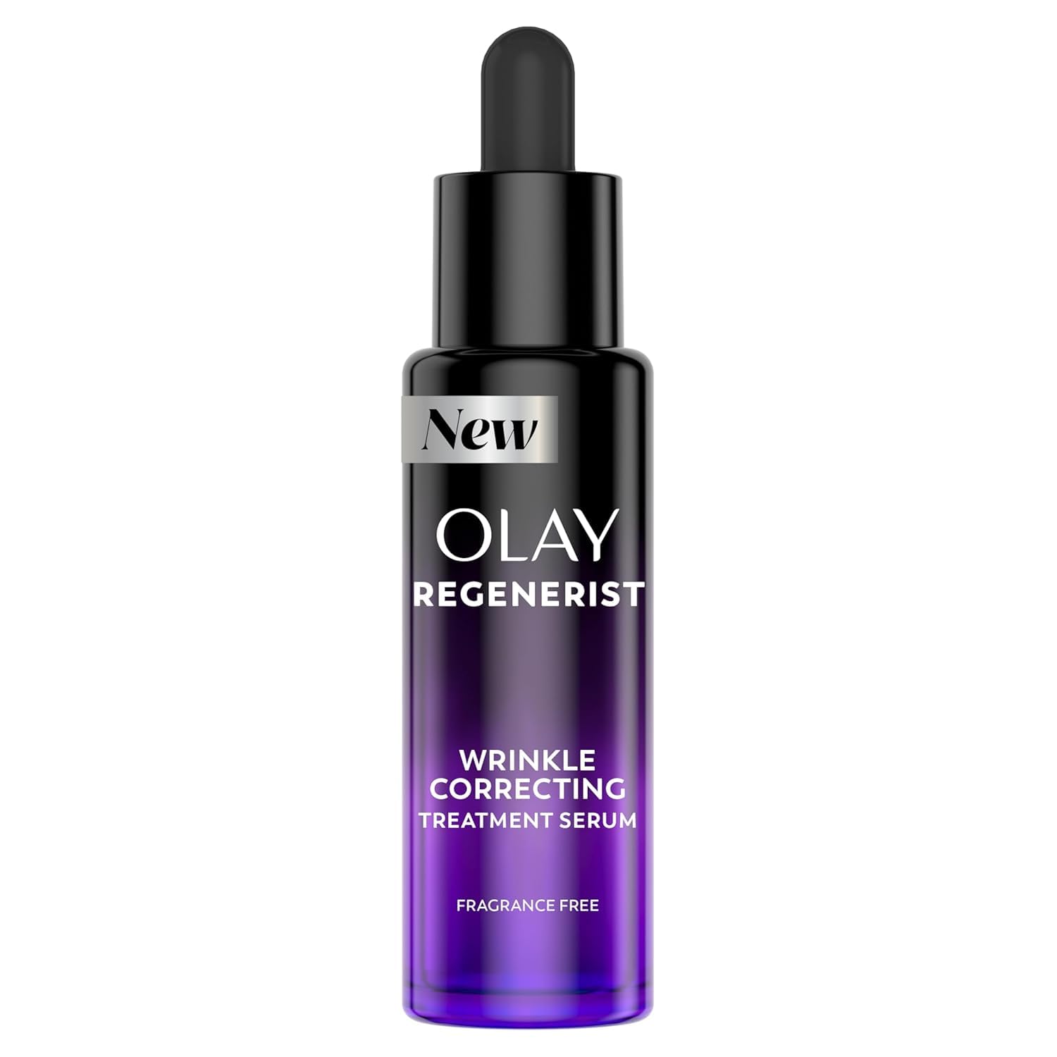 Olay frasco frontal del serum mostrando diseño y beneficio de renovación