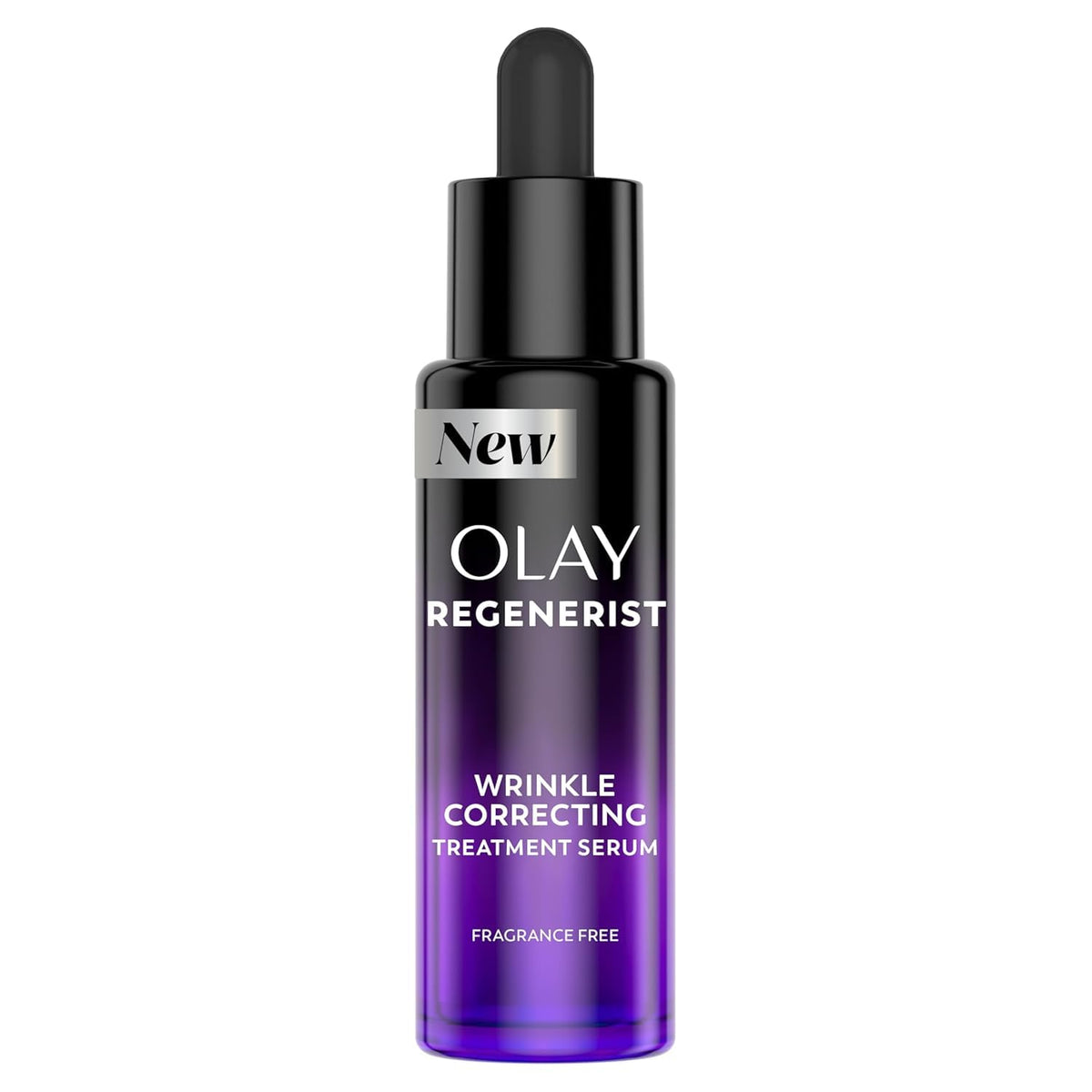 Olay frasco frontal del serum mostrando diseño y beneficio de renovación