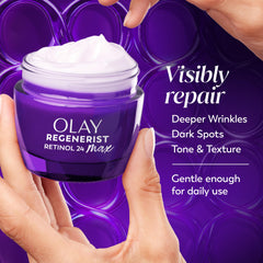 Olay crema en uso aplicada en rostro por la noche para mejorar textura