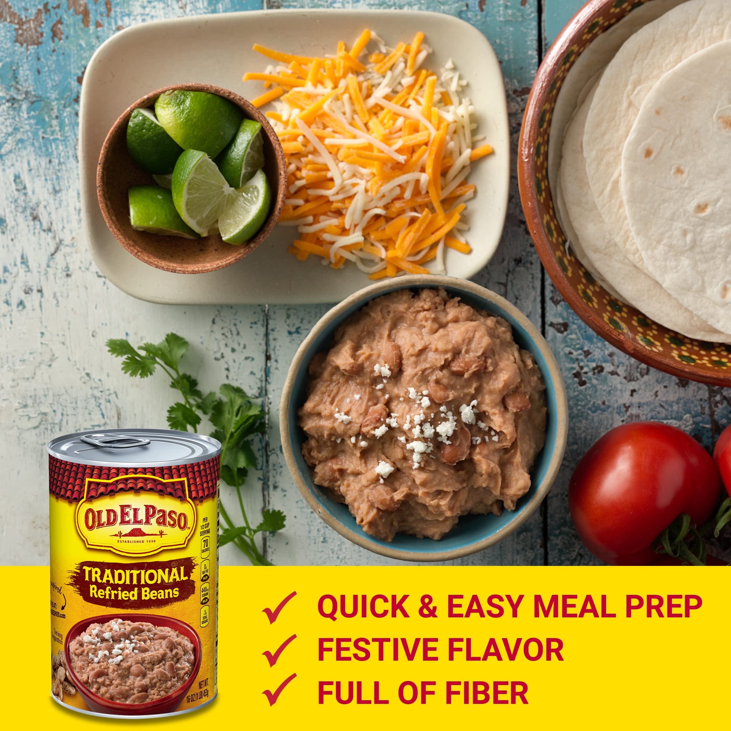 Old El Paso frijoles servidos en tacos mostrando versatilidad en platos rápidos
