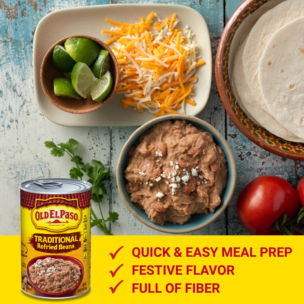 Old El Paso frijoles servidos en tacos mostrando versatilidad en platos rápidos
