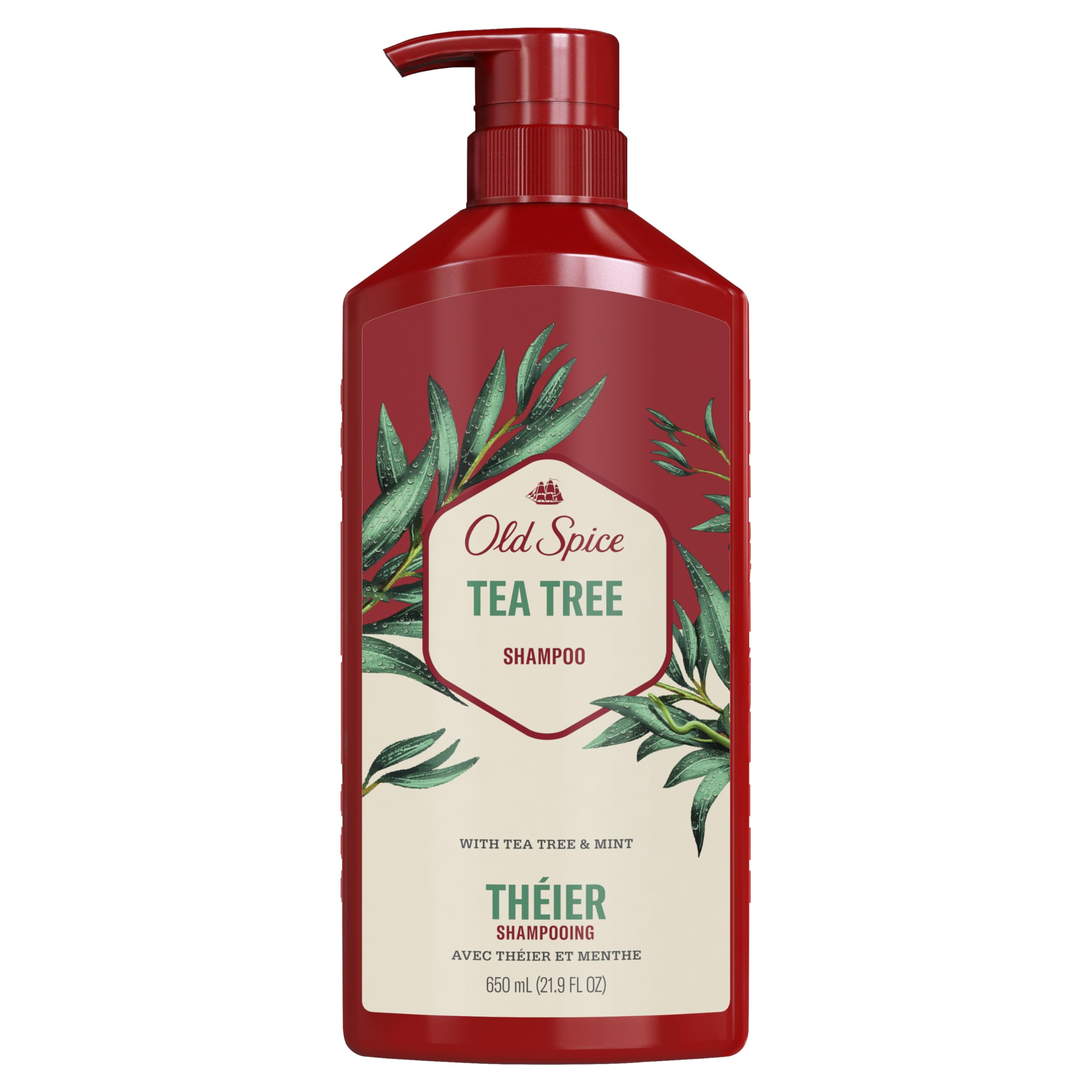 Old Spice junto a hojas de árbol de té y menta mostrando ingredientes naturales