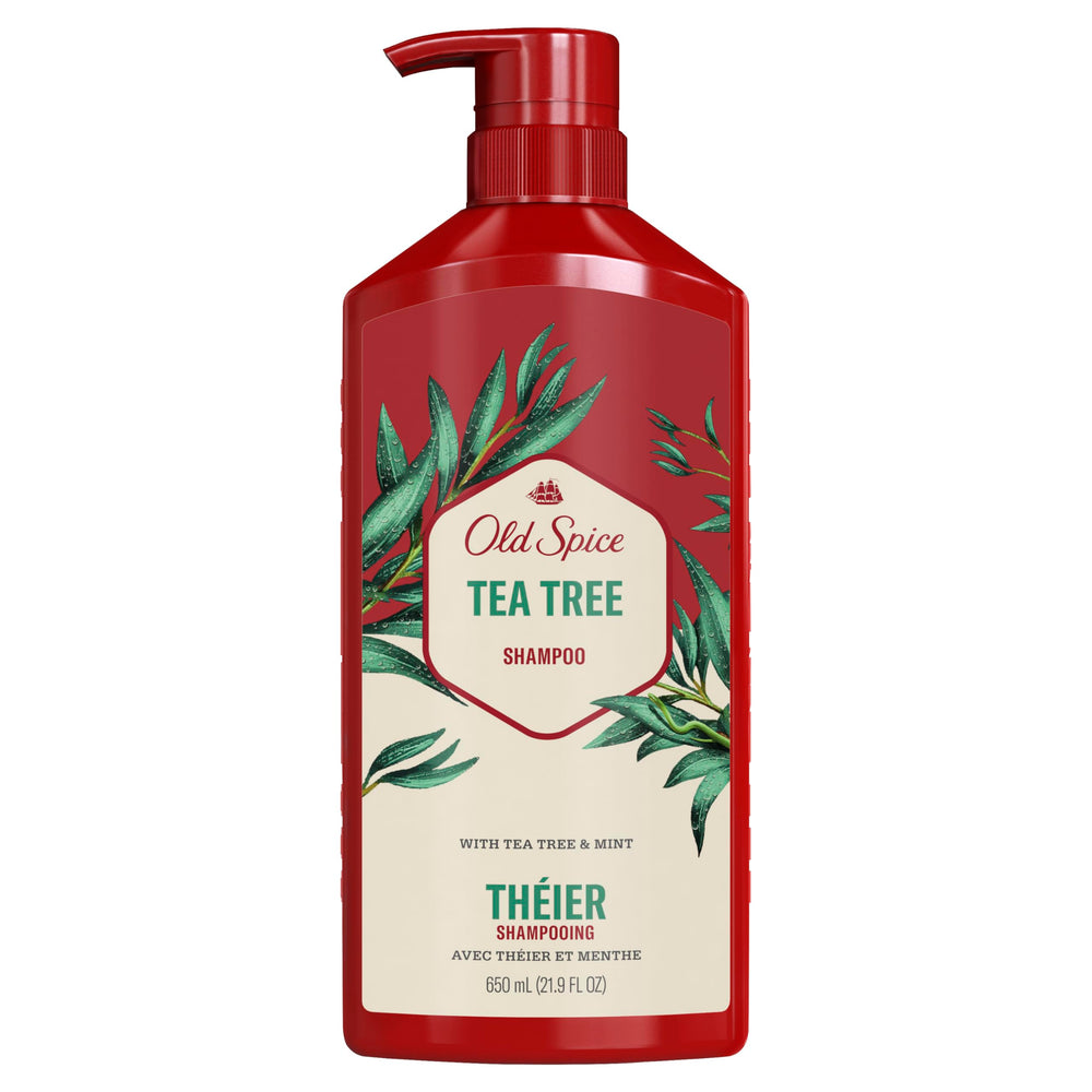 Old Spice junto a hojas de árbol de té y menta mostrando ingredientes naturales