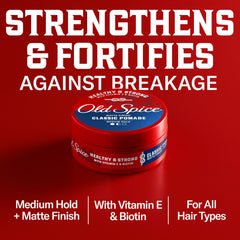 Old Spice etiqueta con ingredientes destacando vitamina E y biotina beneficios