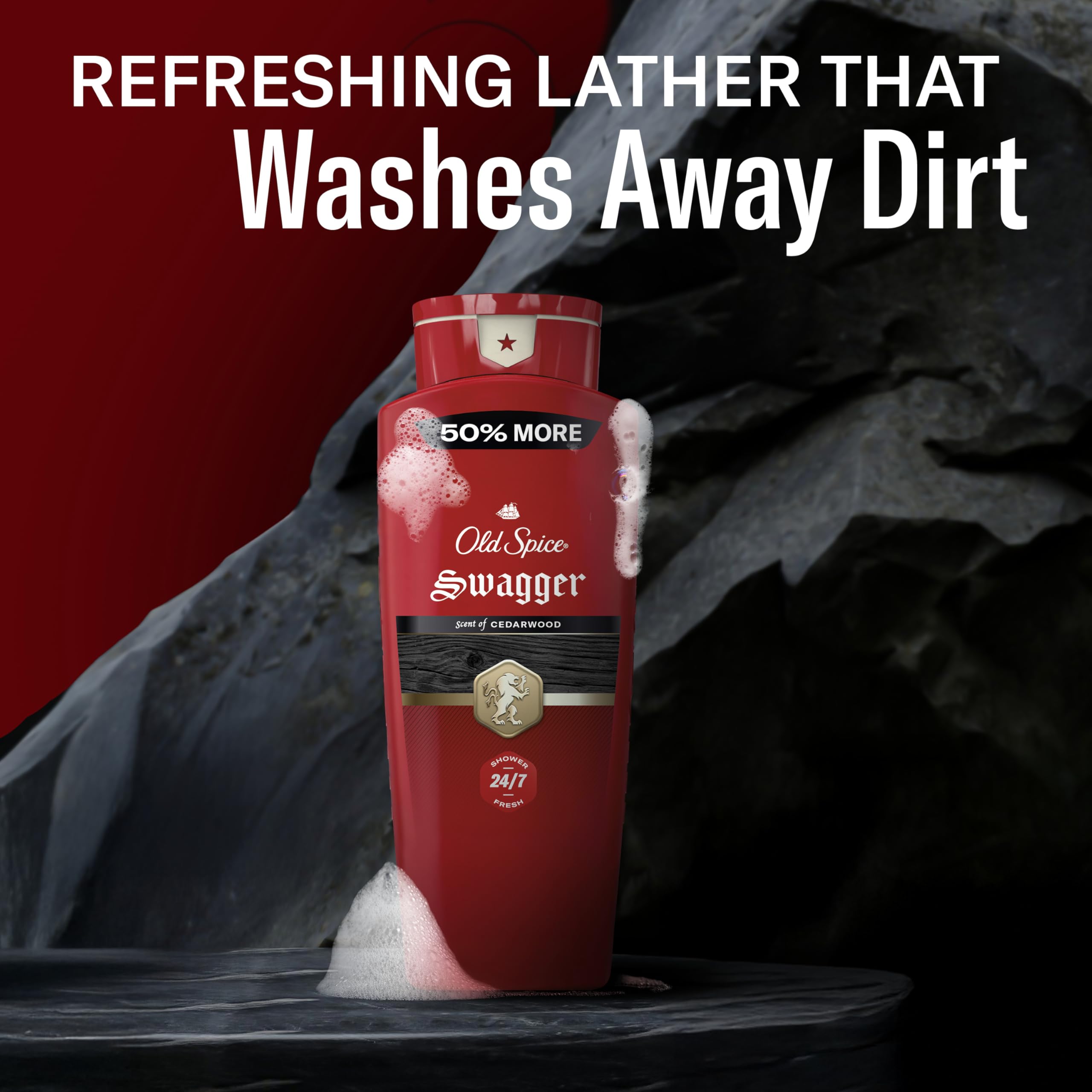 Old Spice espuma en la mano demostrando fácil enjuague y suavidad