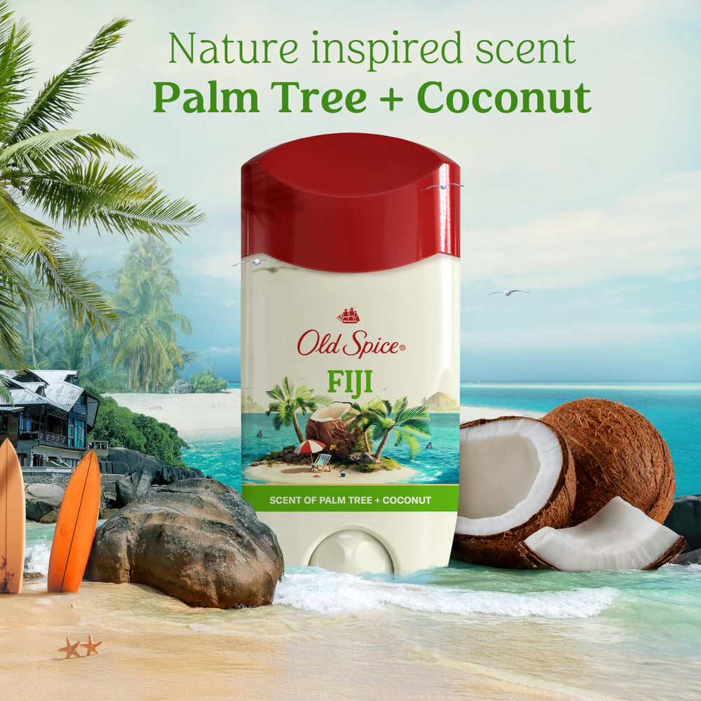 Old Spice Fiji ambiente tropical que sugiere aroma de palmera y coco