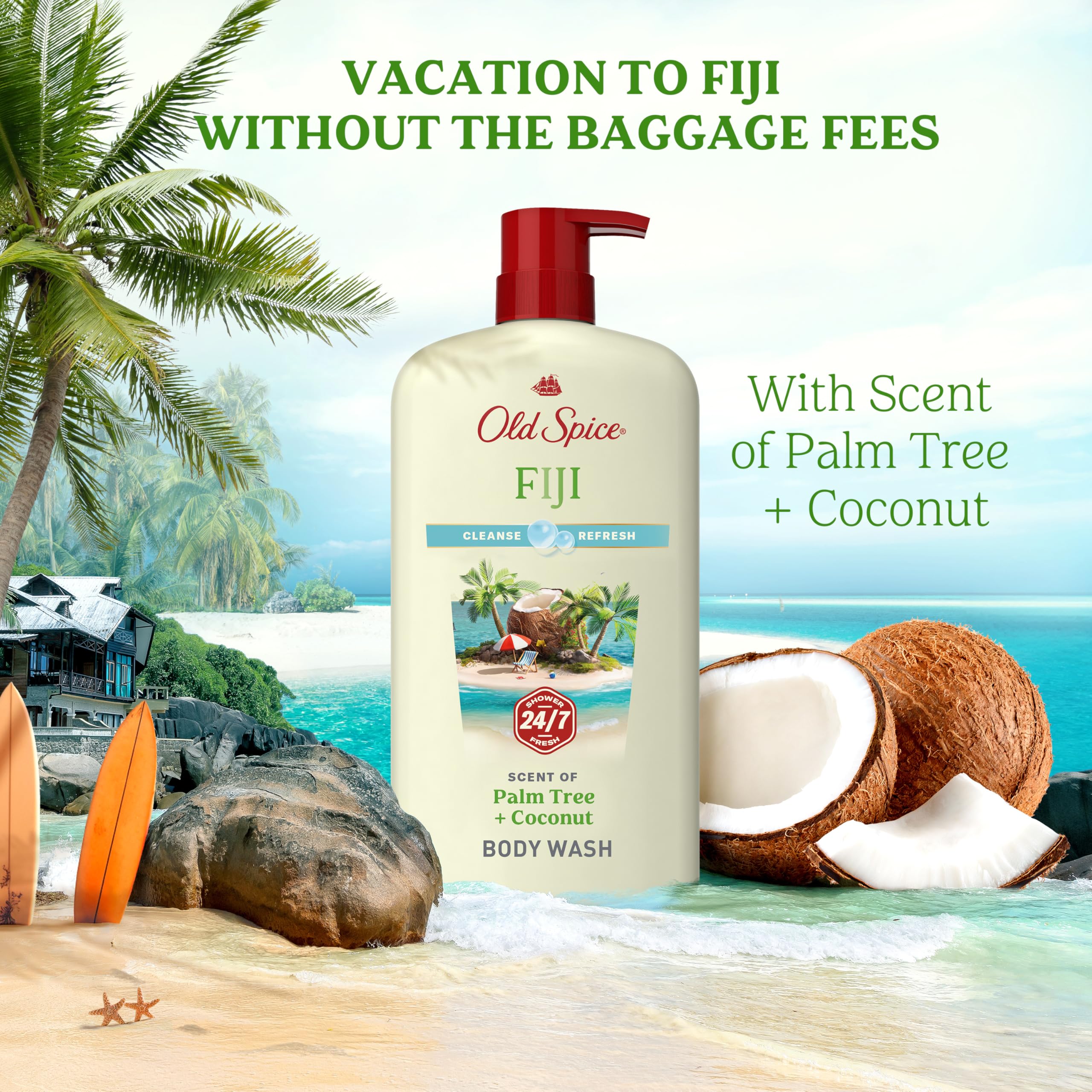 Old Spice Fiji ambientación de playa que sugiere aroma a coco