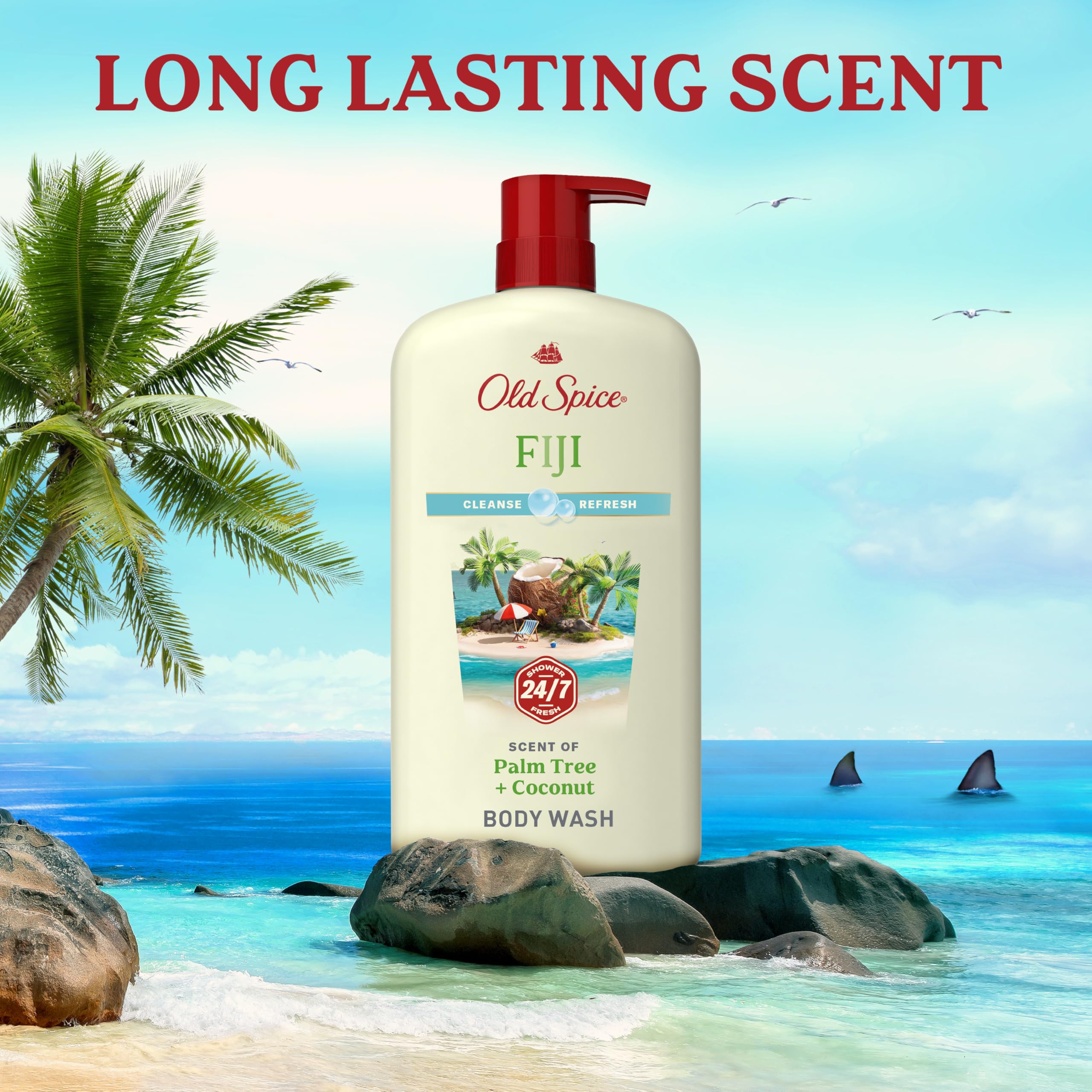 Old Spice Fiji etiqueta con información y beneficios del producto