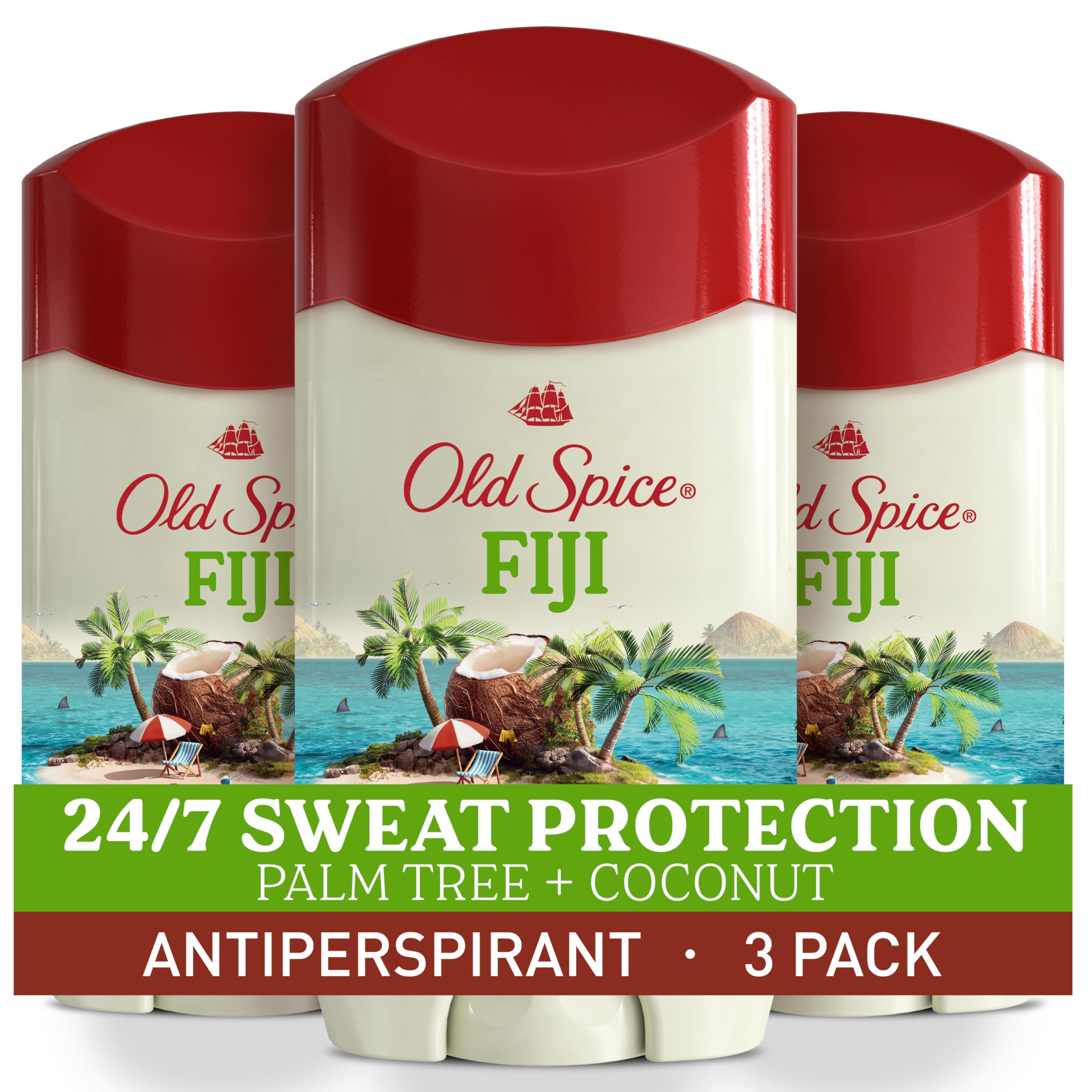 Old Spice Fiji frente del envase mostrando aroma palm tree y coco