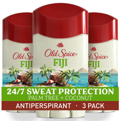 Old Spice Fiji frente del envase mostrando aroma palm tree y coco