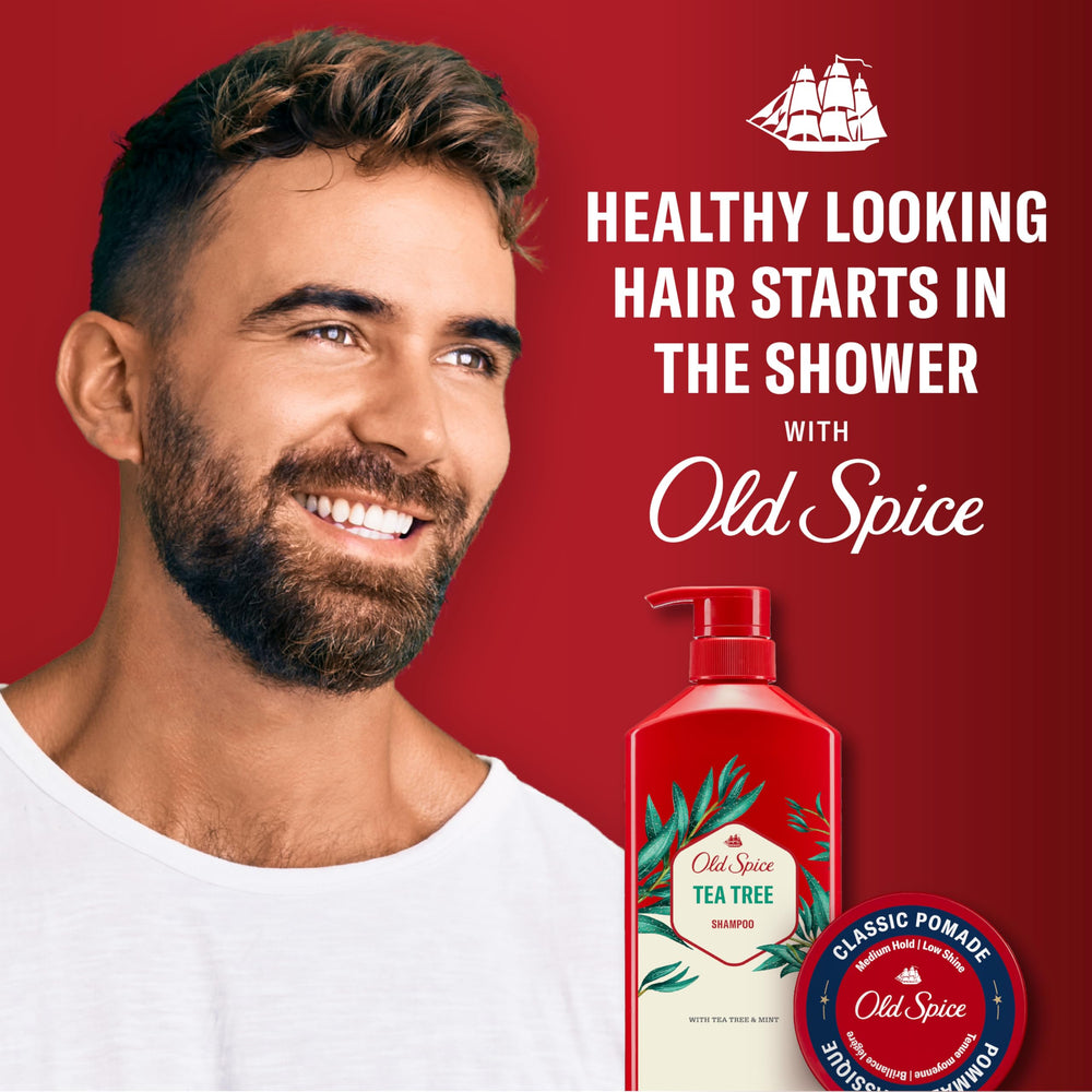 Old Spice en baño estilo barbería que sugiere acabado profesional y bien cuidado