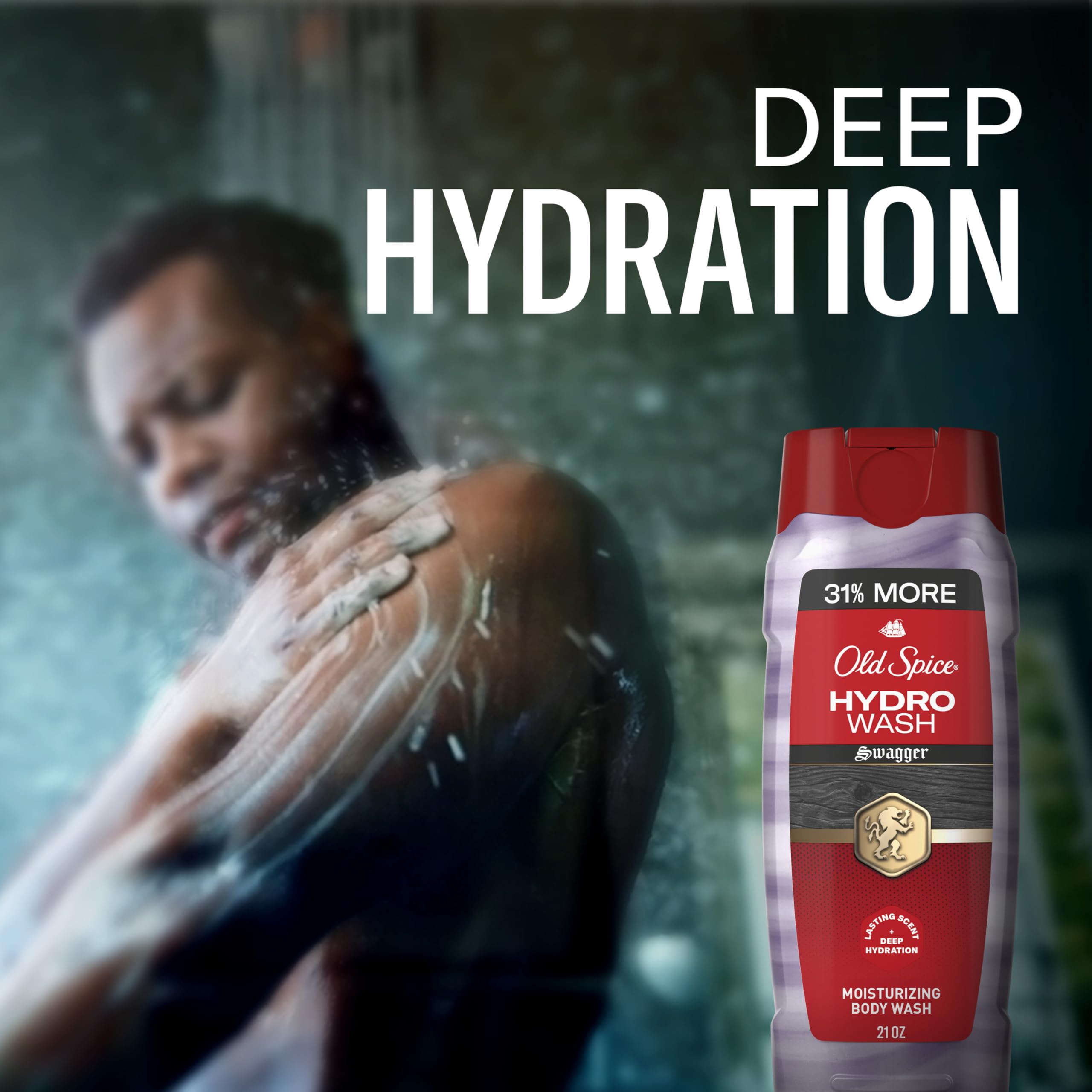 Old Spice gel en uso dentro de la ducha, limpieza eficiente y fresca