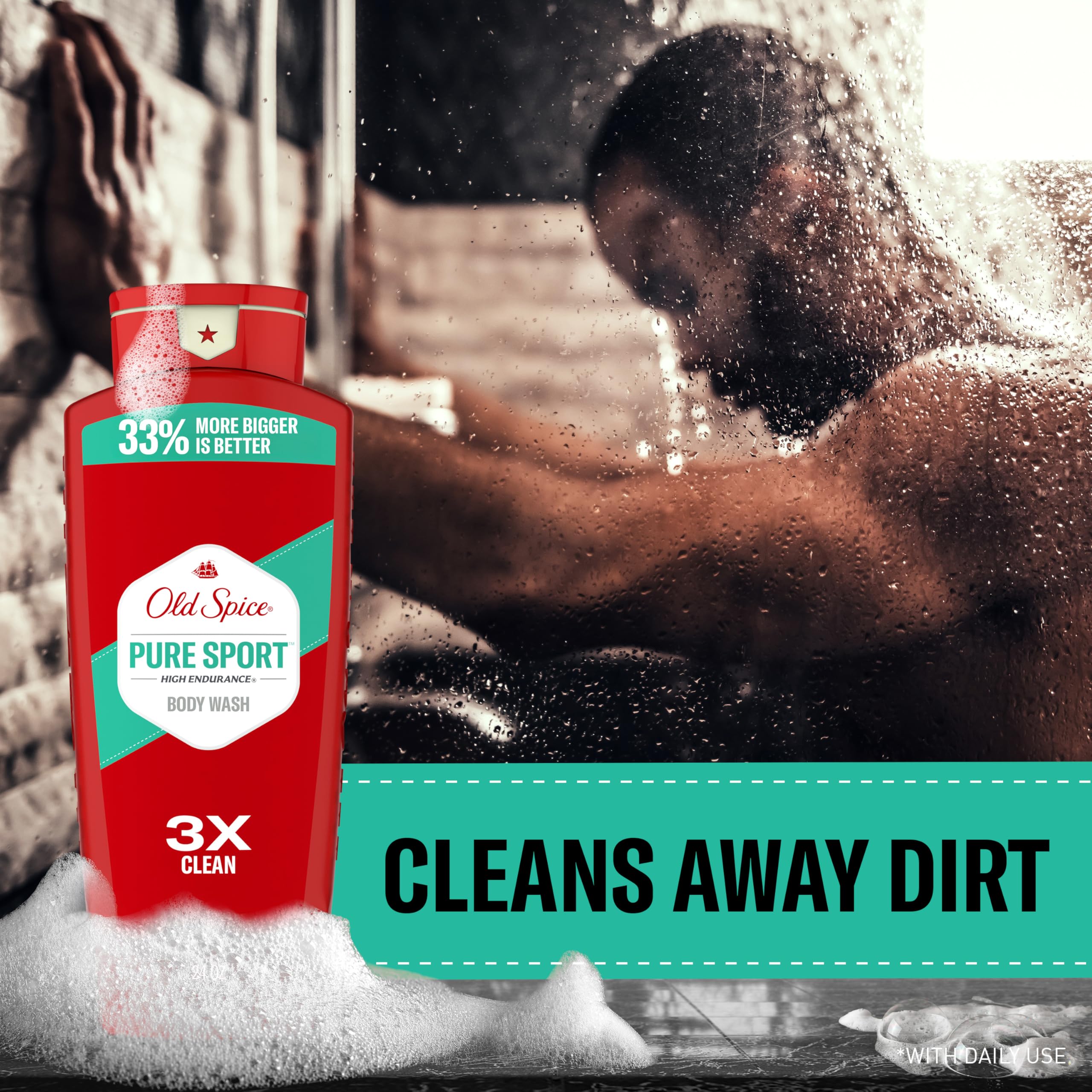 Old Spice gel en uso en la ducha demostrando limpieza activa