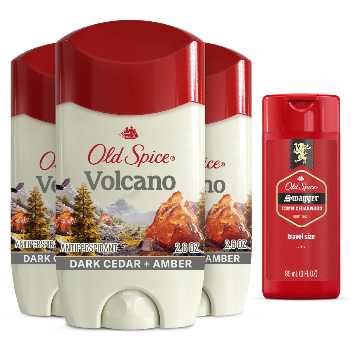 Old Spice Volcano frontal del pack mostrando diseño y beneficio duradero