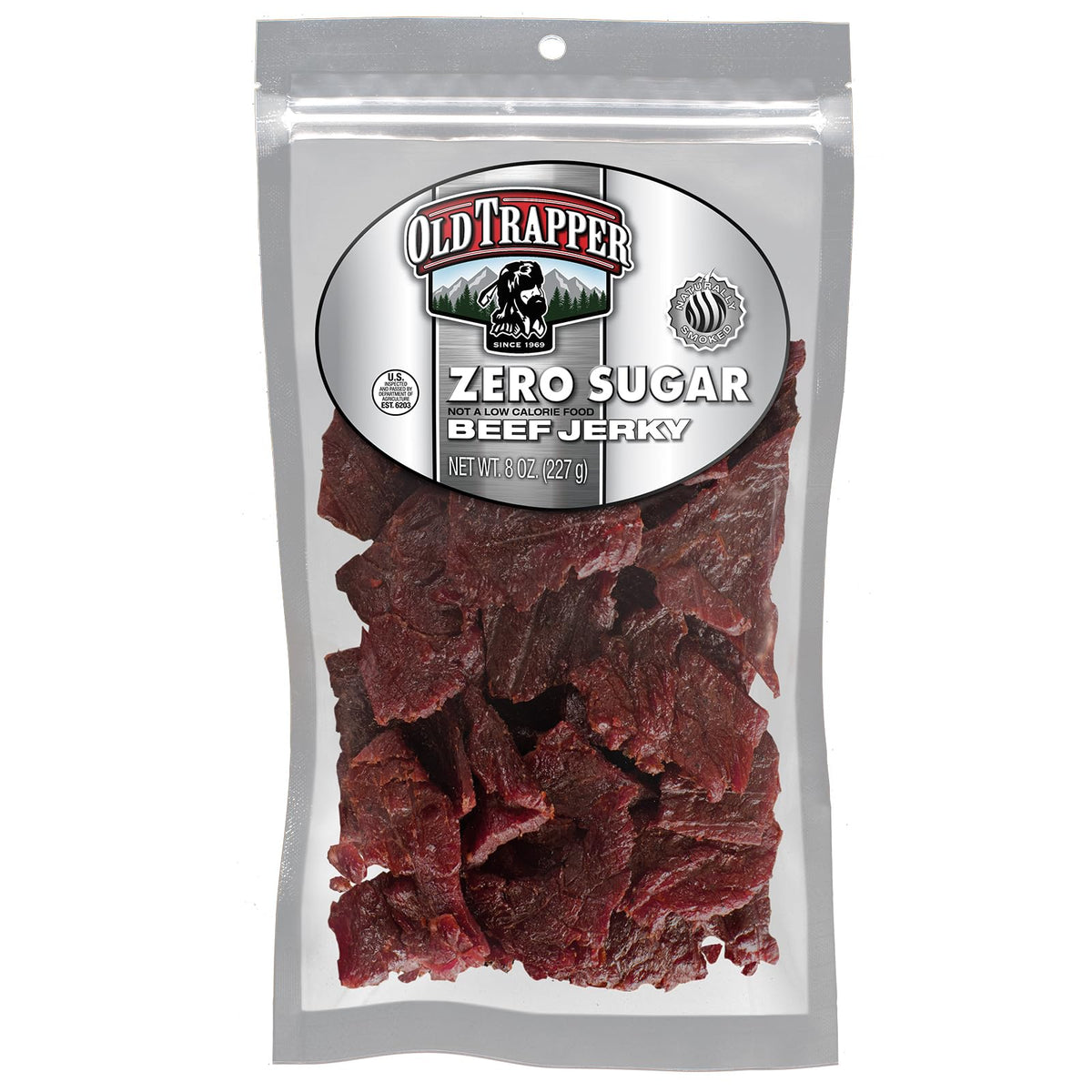 Old Trapper frente del empaque mostrando tamaño y marca, fácil identificación