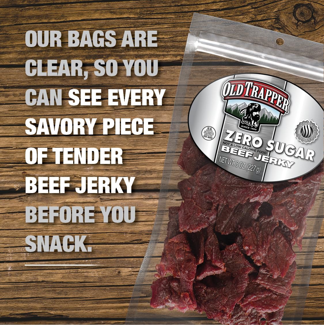 Old Trapper jerky servido en tabla como snack saludable y sabroso