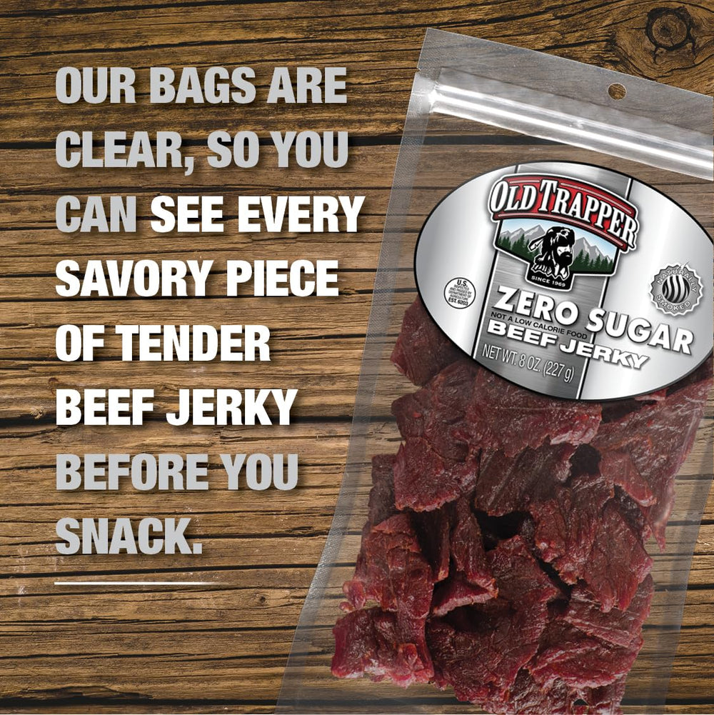Old Trapper jerky servido en tabla como snack saludable y sabroso