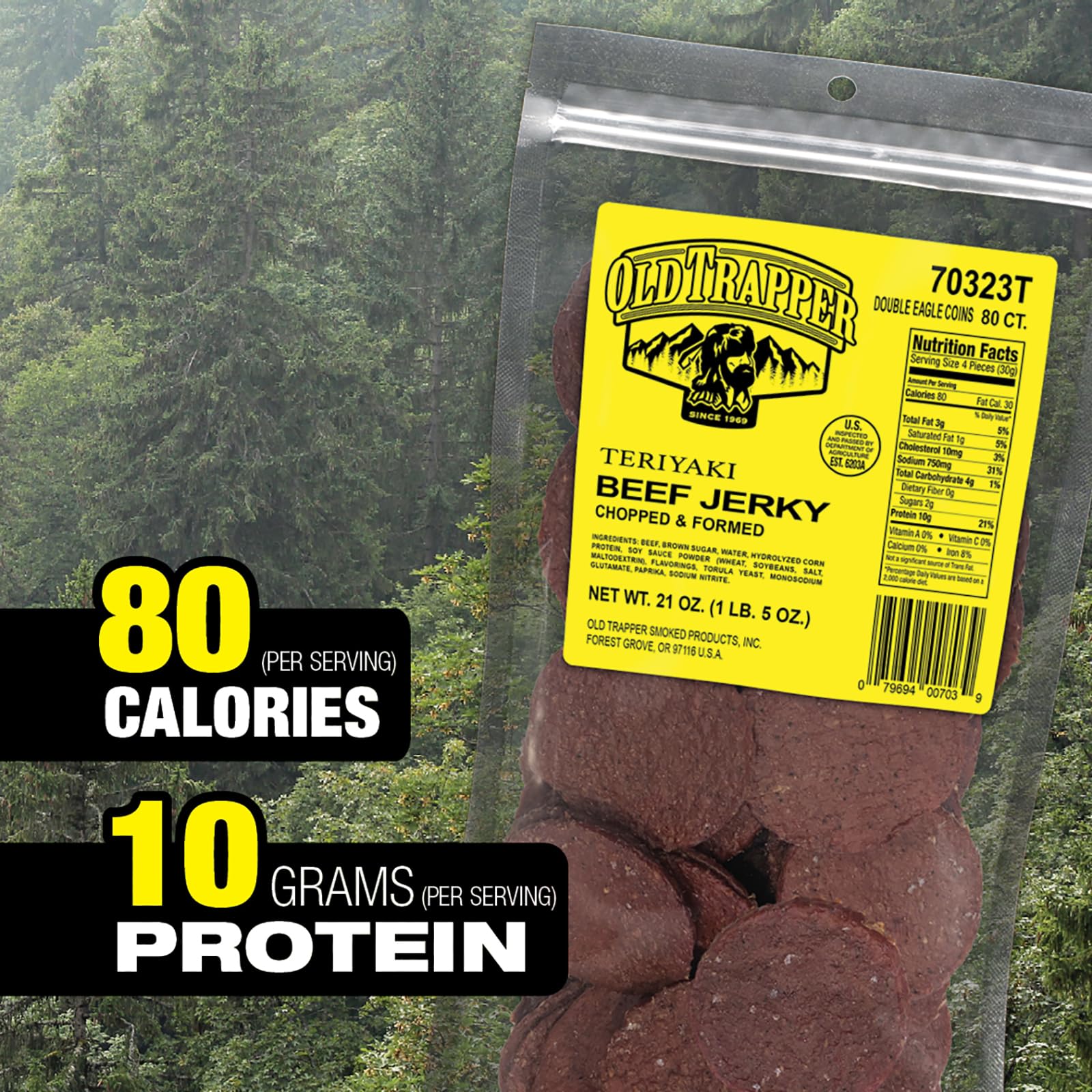 Detalle de tiras de jerky Old Trapper Teriyaki, textura y ahumado visibles, sabor intenso