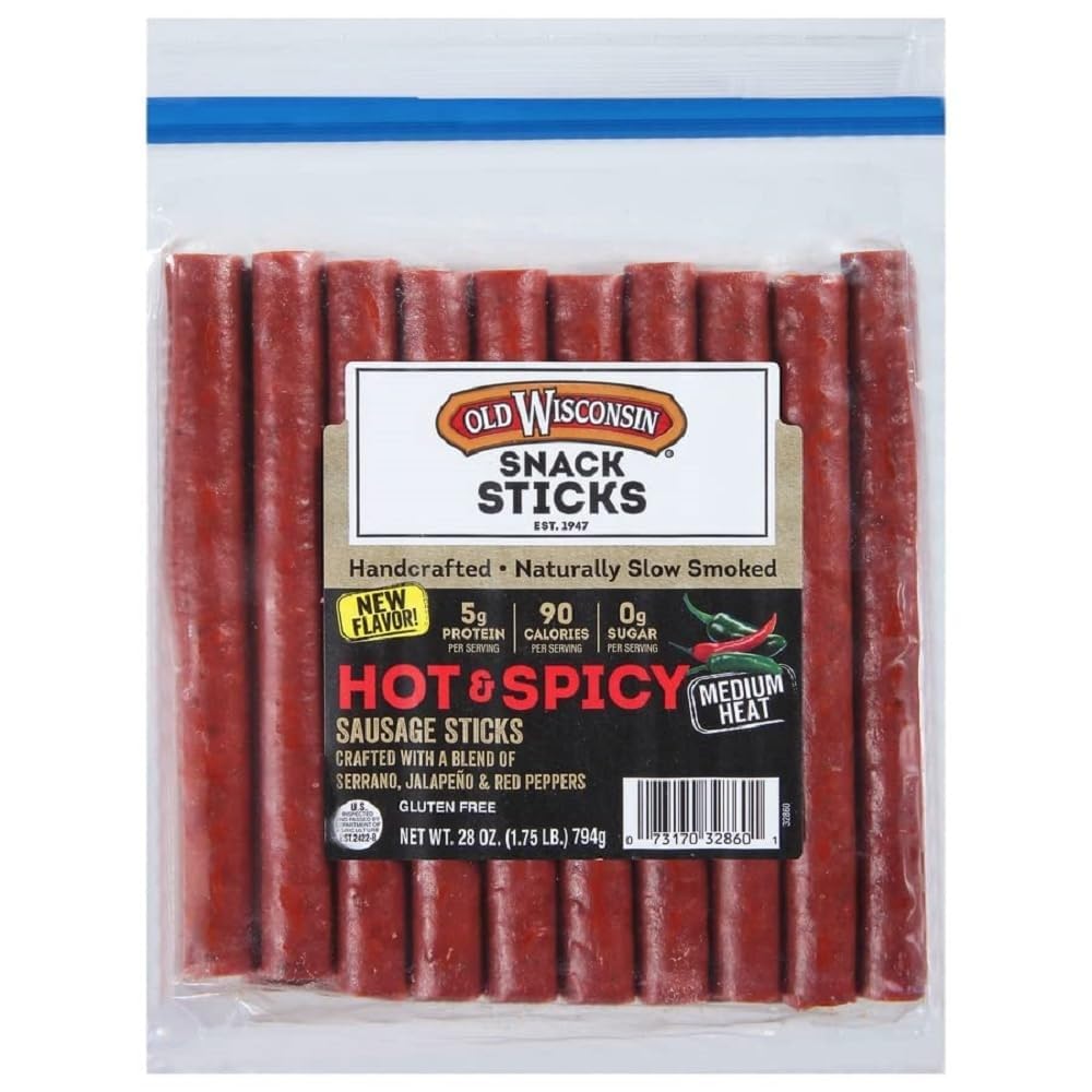 Old Wisconsin paquete frontal 28 oz mostrando diseño resellable y sabor picante